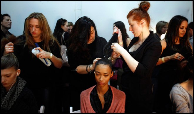 Models behind the scenes of fashion week