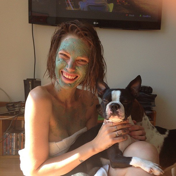 Top model Catherine McNeil, photo with dog