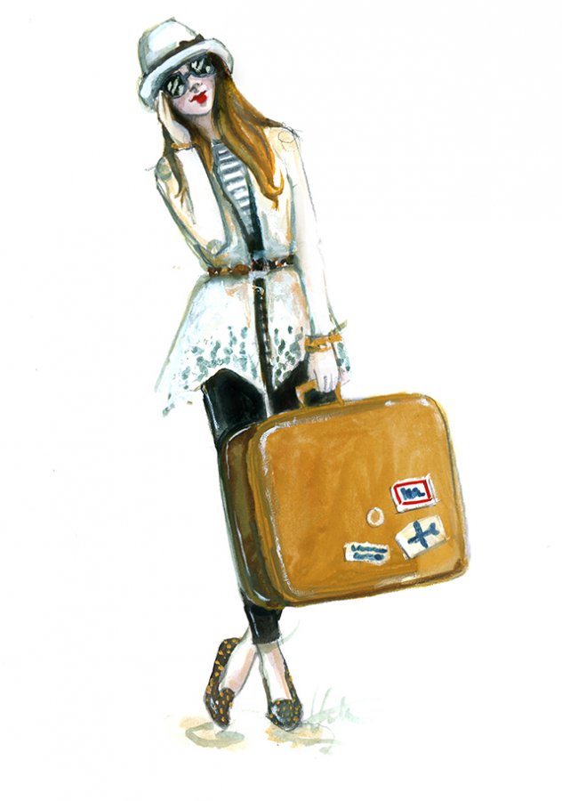 drawing girl with suitcase