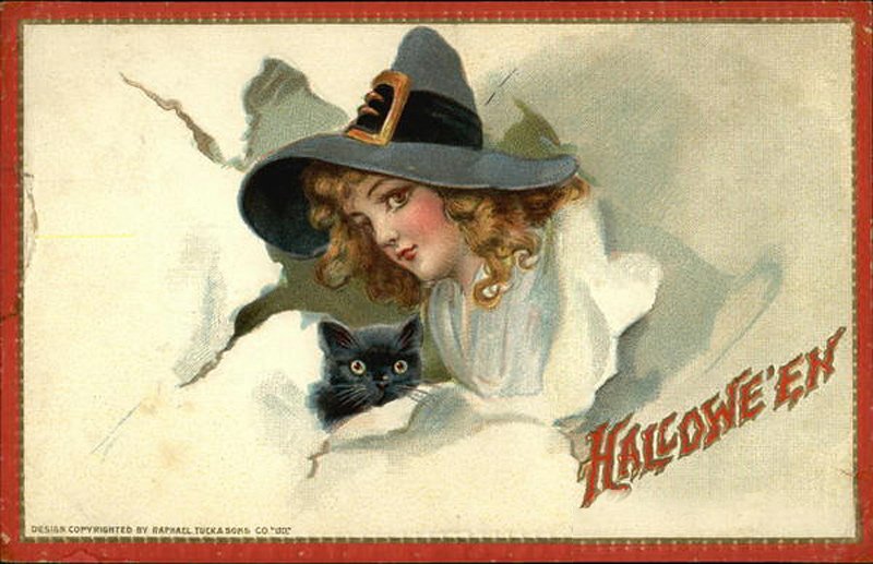 Girl with a cat - antique postcard