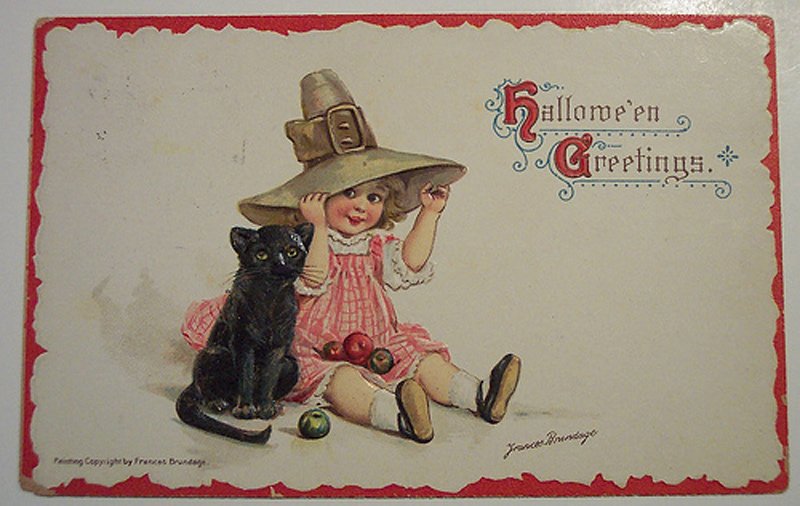 Girl with a cat - antique postcard