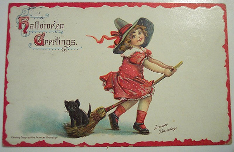 Girl with a broom - antique postcard