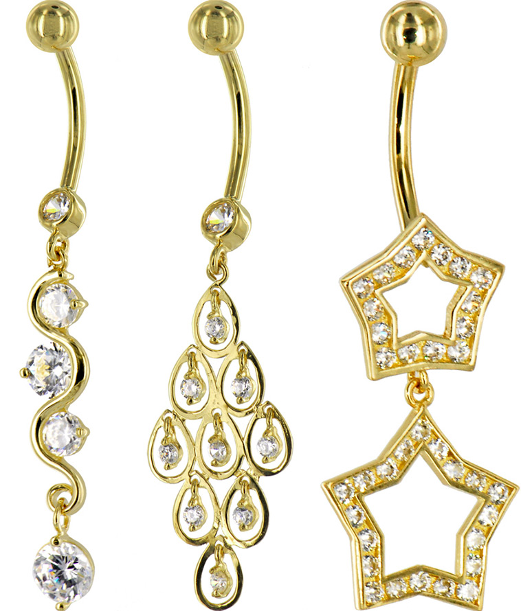 Gold earrings and diamonds for navel piercing