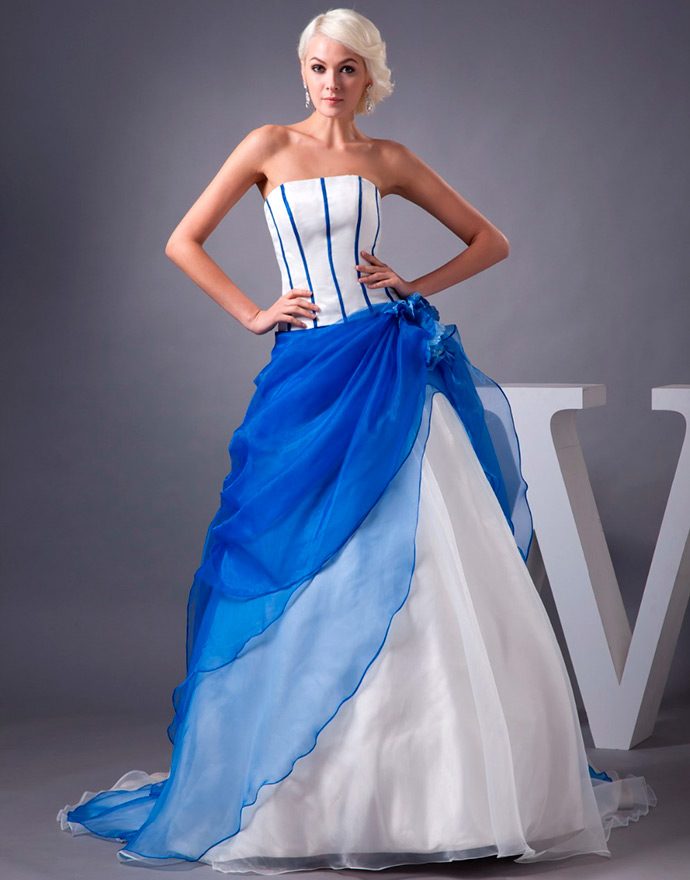 White and blue wedding dress