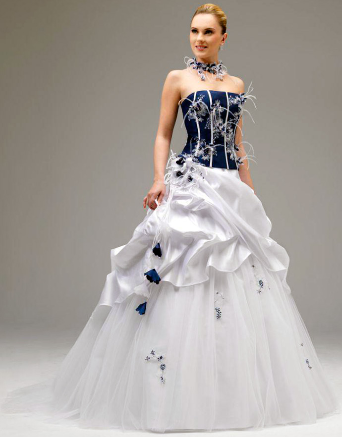 White and blue wedding dress