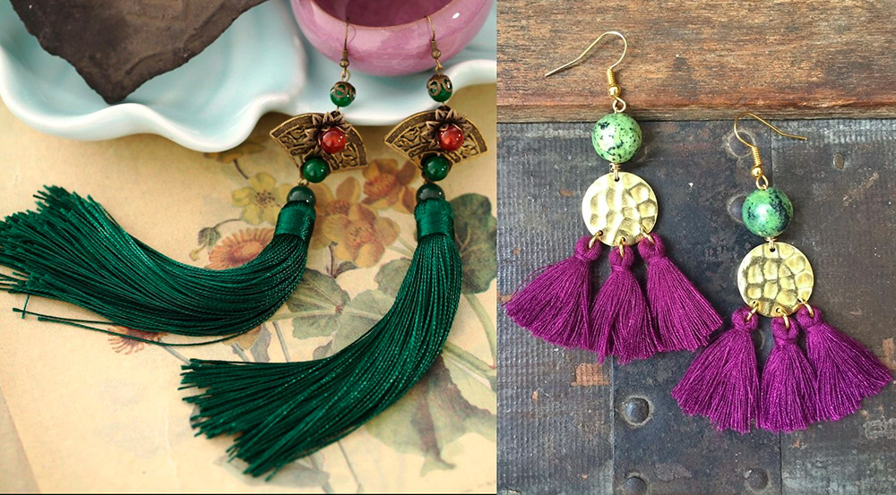 Green and purple tassel earrings