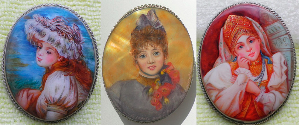 Handmade portrait brooch Fedoskino