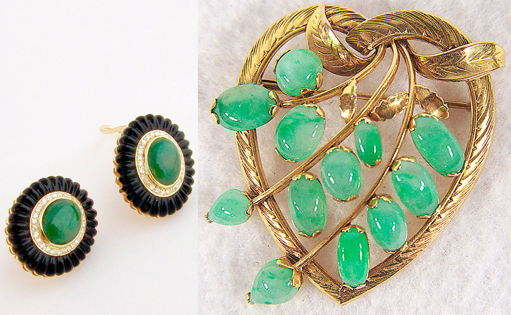 Earrings and brooch with jadeite