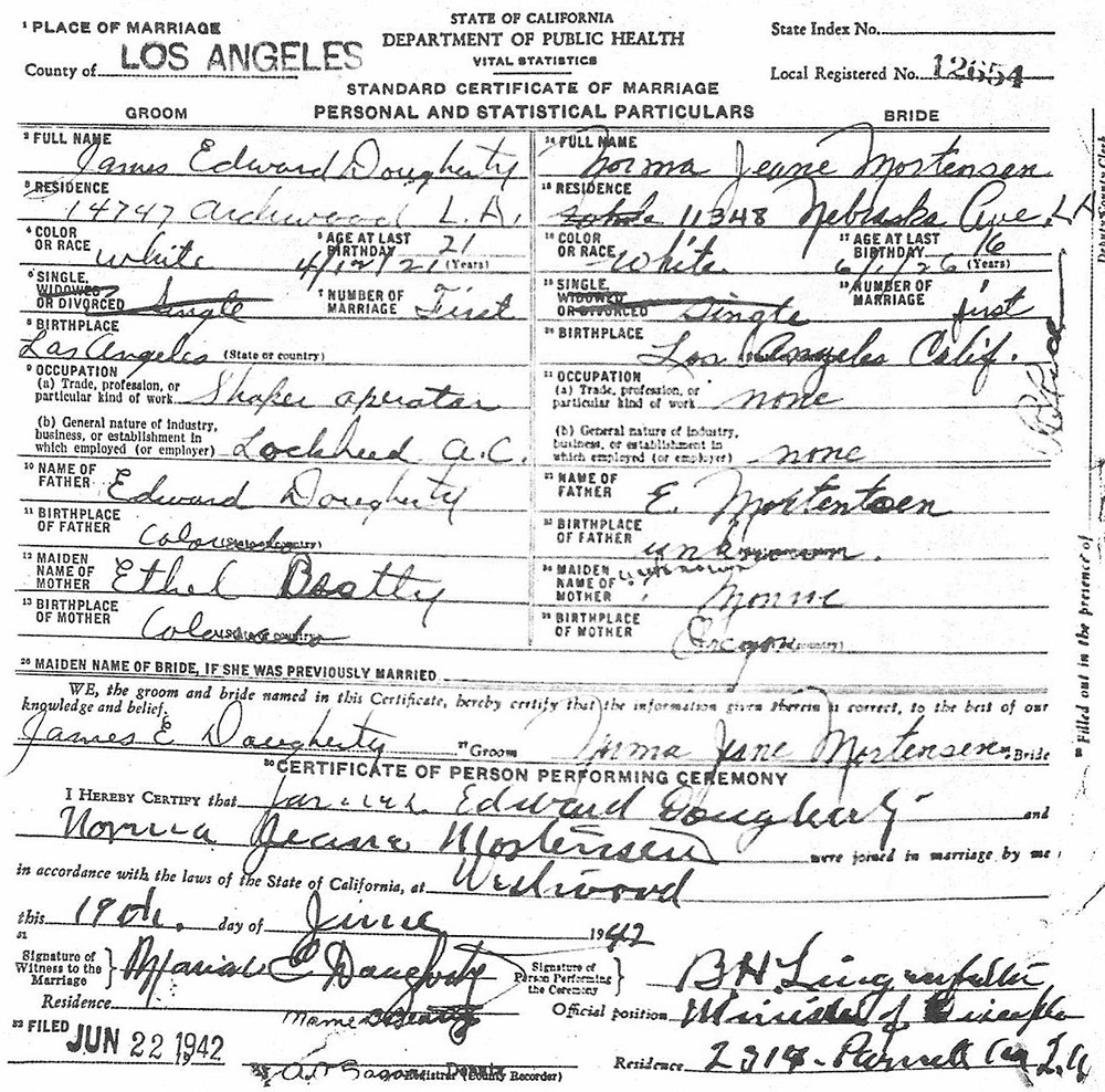 Marilyn Monroe marriage certificate