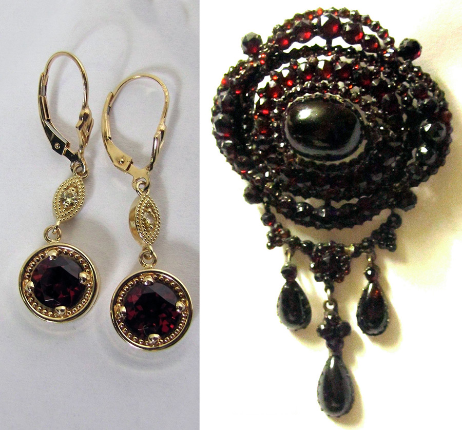 Earrings and brooch with garnets