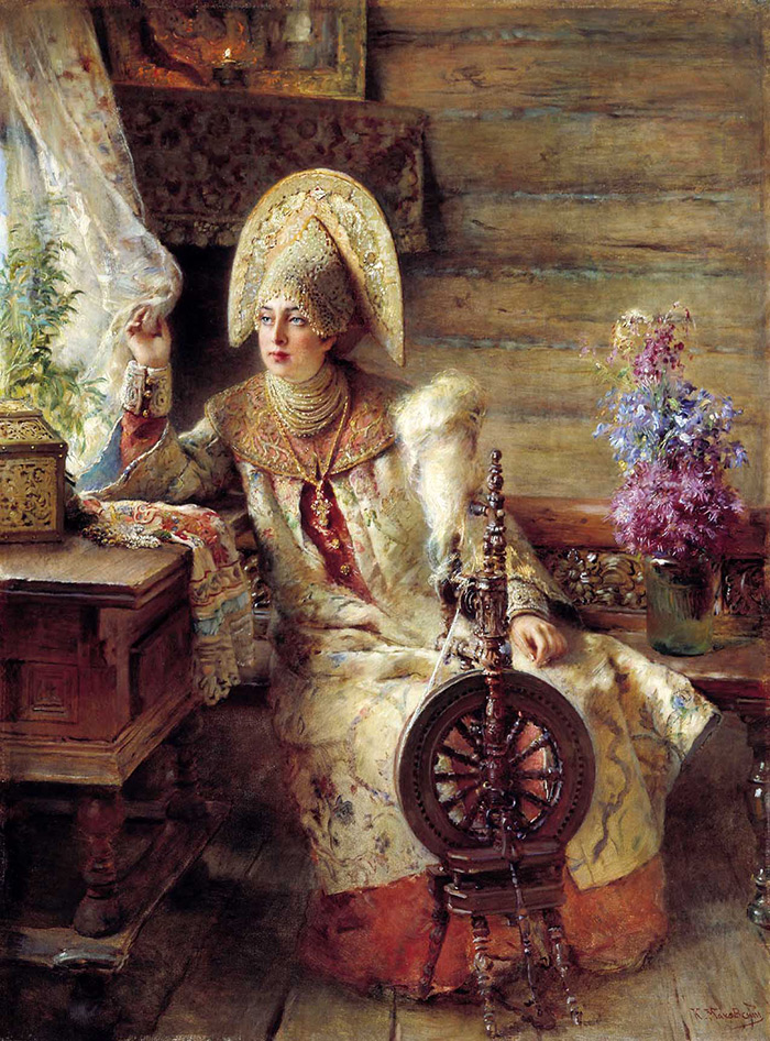 Makovsky boyarynya with a spinning wheel