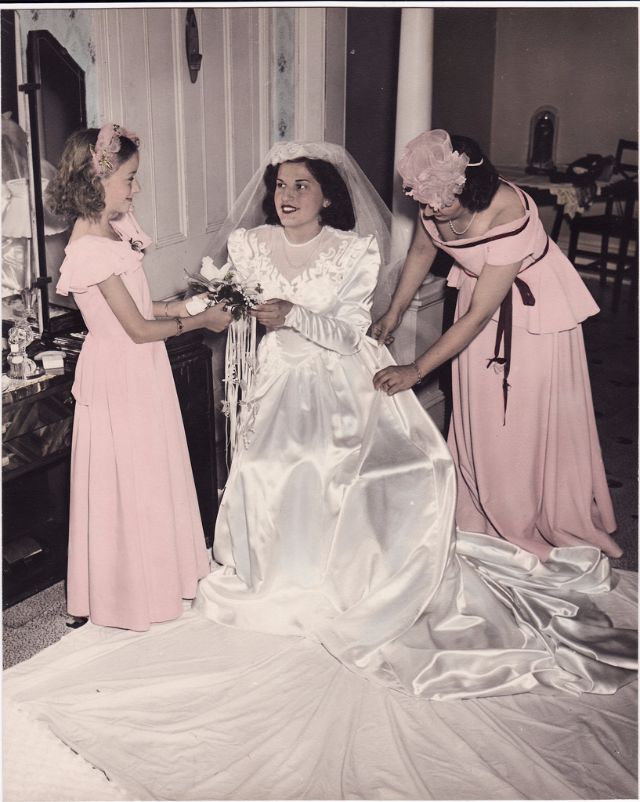 1940s wedding dresses in colorized photographs