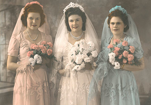 1940s wedding dresses in colorized photographs