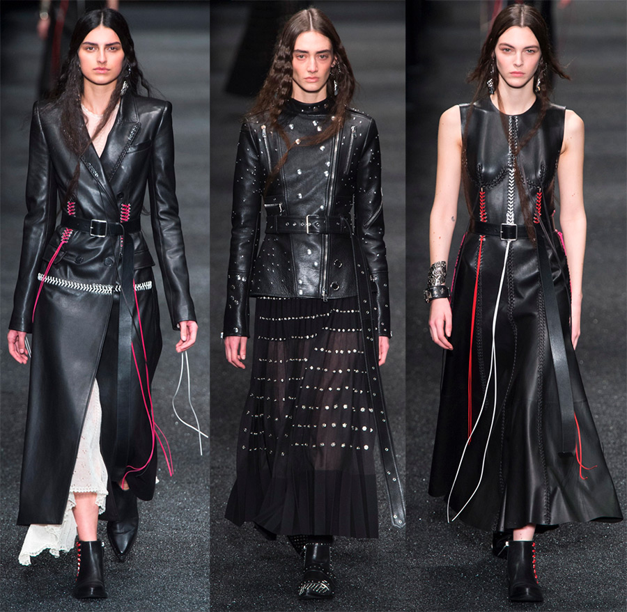 Black leather dresses, skirts, raincoats and jackets