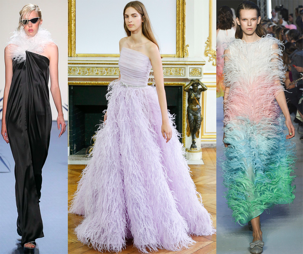 Evening dresses in feathers