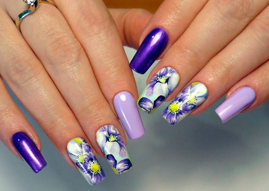 Purple manicure for short and long nails