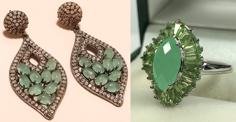 Earrings and ring with a greenish stone