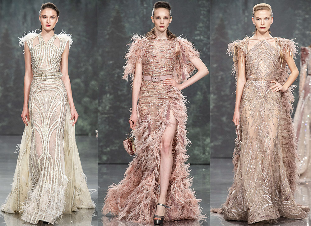 Evening dresses with feathers