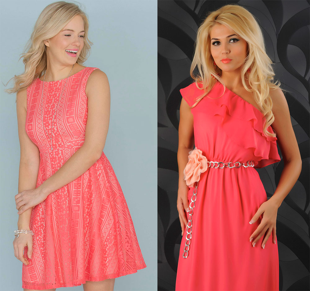 Blondes in coral dresses