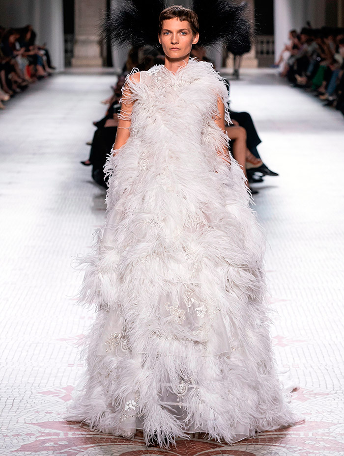 Wedding dress with feathers