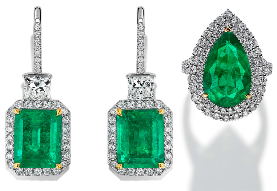 Ring and earrings with emeralds