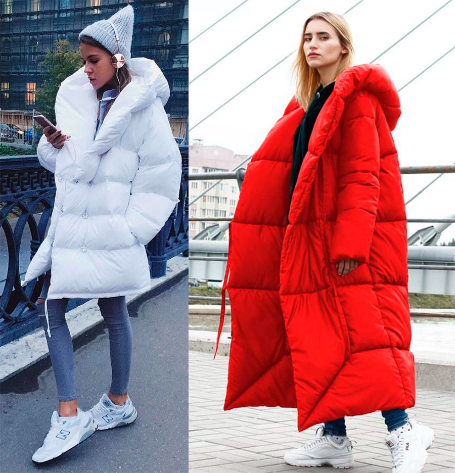 White Sneakers and Longline Down Jacket looks