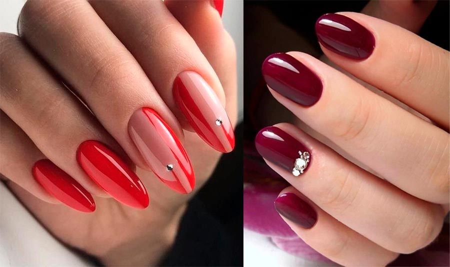 Red manicure with rhinestones